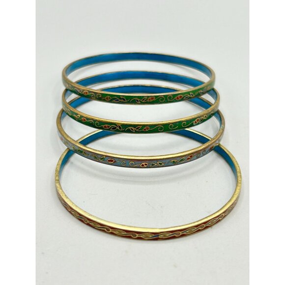 Set of 4 Chinese Cloisonne Bangles with Colorful Enamel Detailing & Gold Accents - Picture 6 of 7